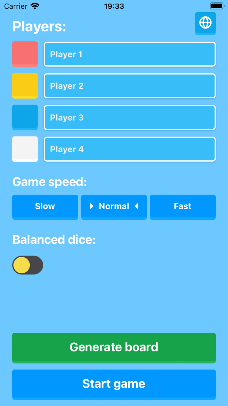 Player setup with game speed and balanced dice options