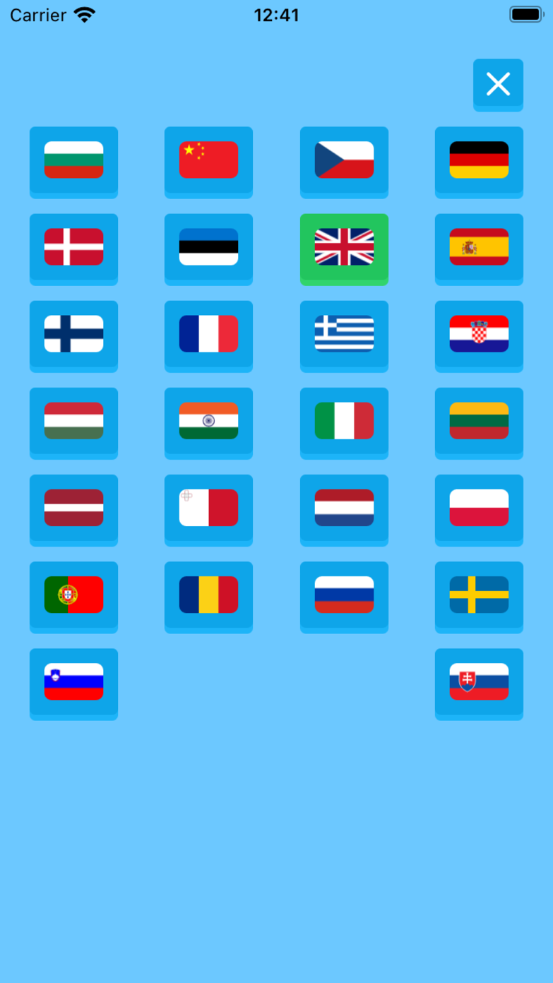Language selection screen